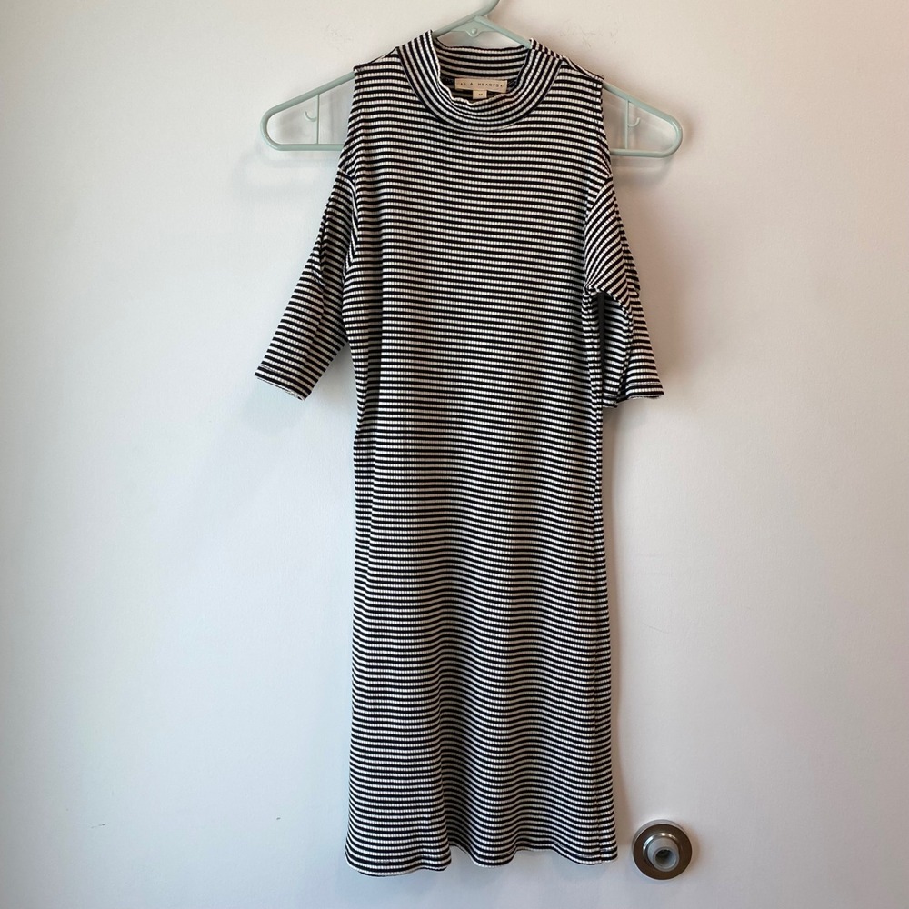 L.A. Hearts Dress Women M Black Stripe Cold Shoulder Mock Neck Ribbed Bodycon